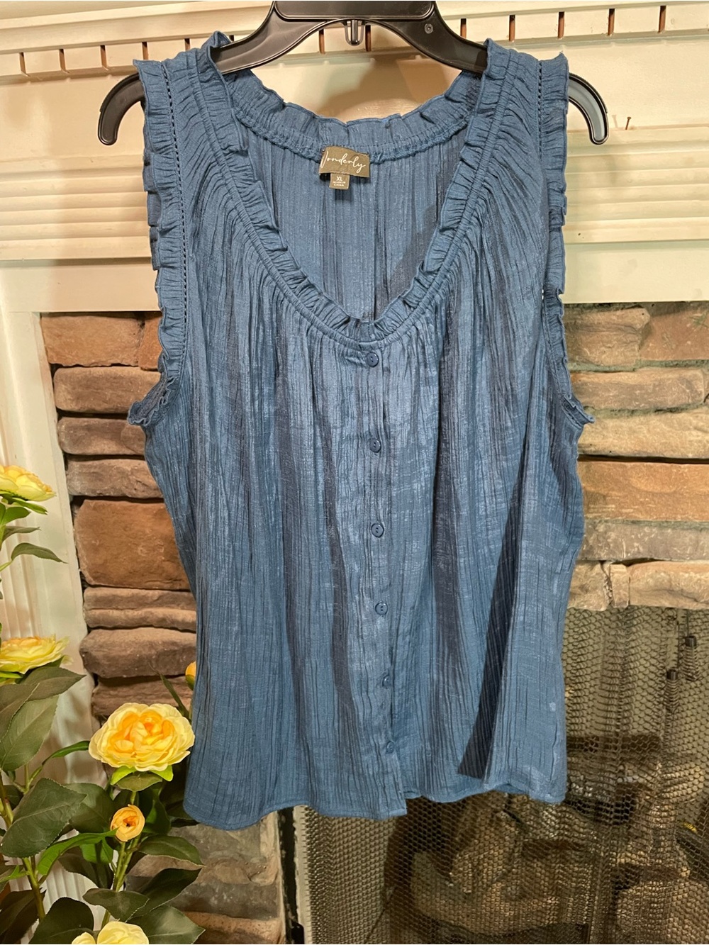 Wonderly Ruffled V-Neck Sleeveless Button Front Top in Slate Blue